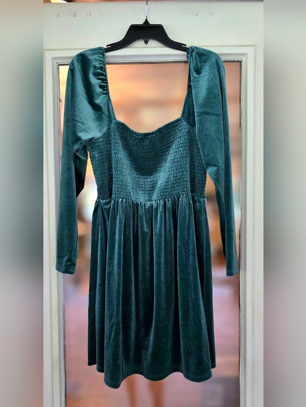 New GAP Emerald Green Velvet Long-Sleeve Smocked Bodice Mini Skater Dress XL